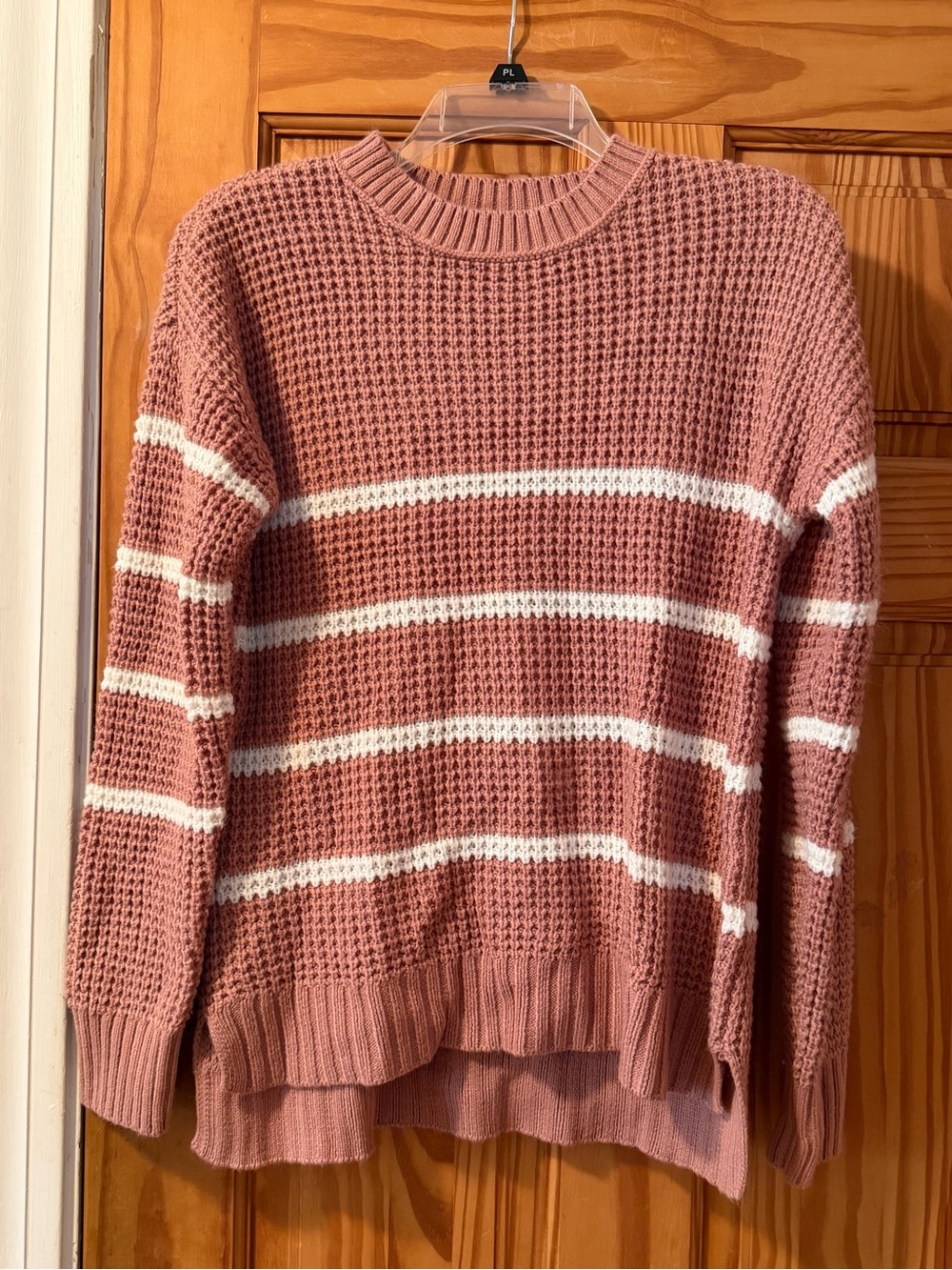 SO Oversized Waffle Knit Crewneck Sweater in Dusty Rose and White Stripes